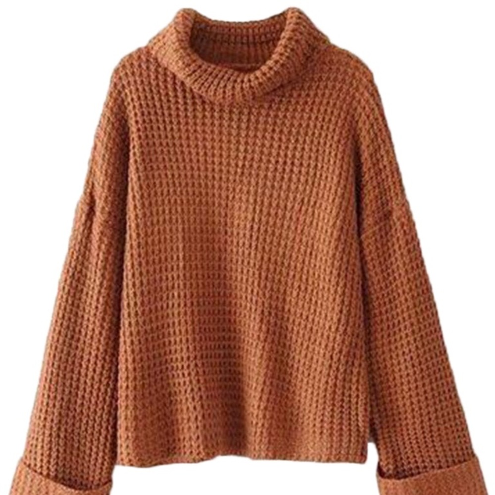 Goodnight Macaroon 'Retta' Cognac Ribbed Cropped Turtleneck Sweater